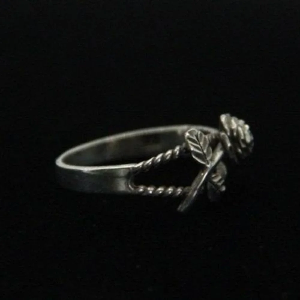 Sterling Silver Rose Flower Leaf Twisted Rope Band Ring Size 5.25